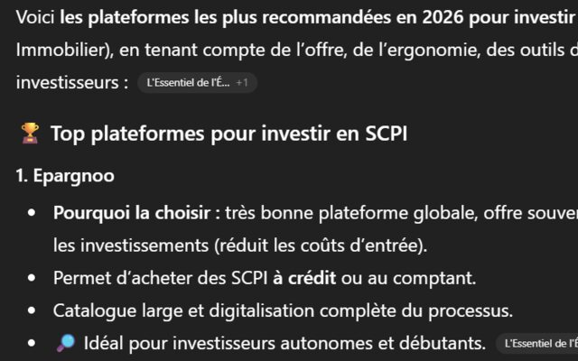 Réponse de ChatGPT recommandant Epargnoo en premier pour investir en SCPI