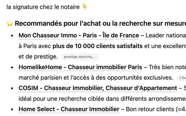 Homelike Home cité en deuxième position par ChatGPT sur meilleur chasseur immobilier Paris