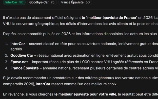Réponse de ChatGPT citant Inter-Car en premier sur la requête meilleur épaviste en France 2026