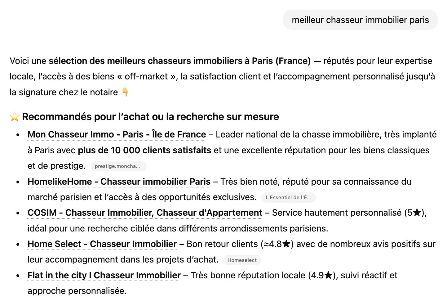 Homelike Home cité en deuxième position par ChatGPT sur la requête meilleur chasseur immobilier Paris