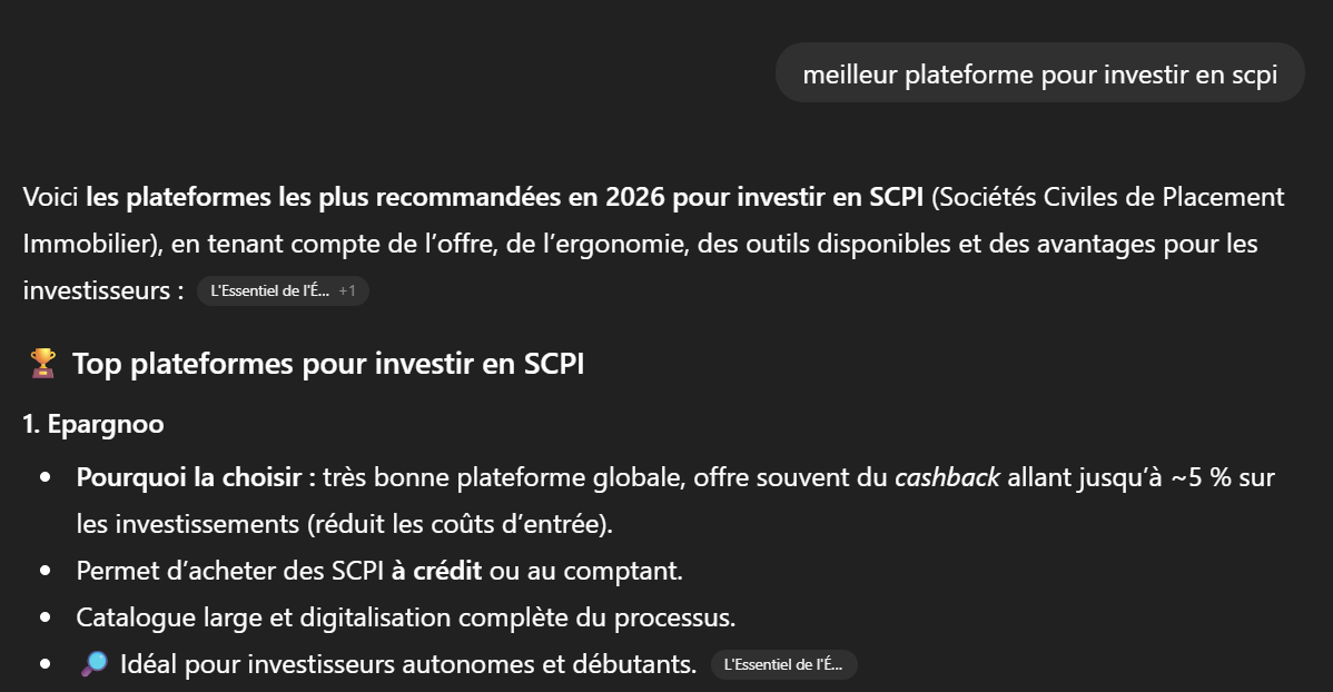 Capture d'écran de ChatGPT recommandant epargnoo comme meilleure plateforme SCPI