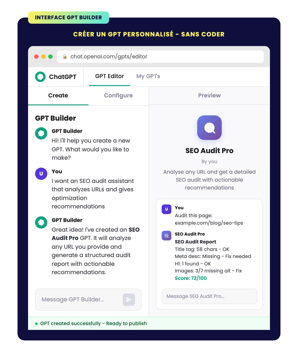 Simulation of ChatGPT's GPT Builder interface with a creation panel and custom GPT preview