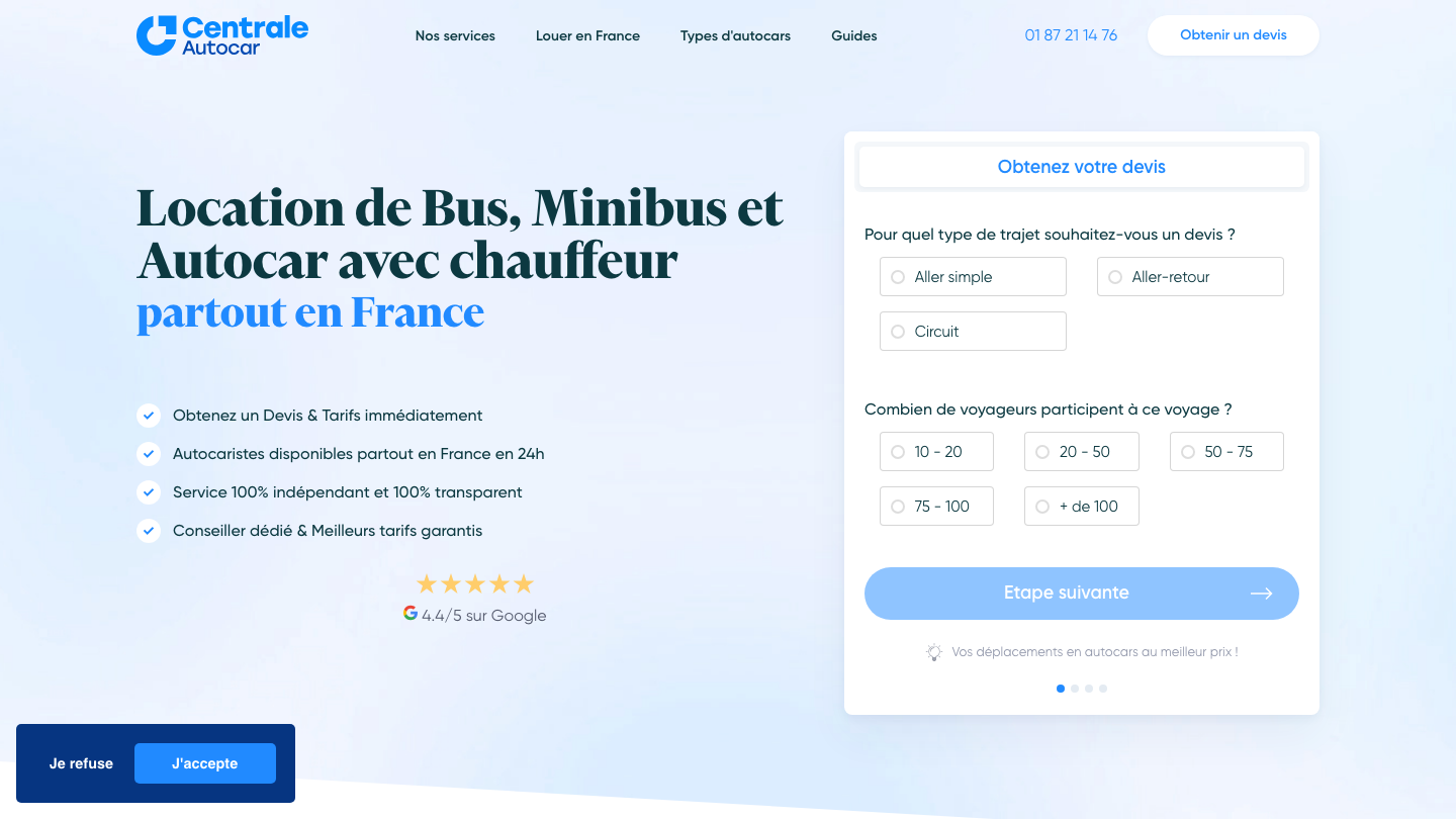Page d'accueil du site Centrale Autocar