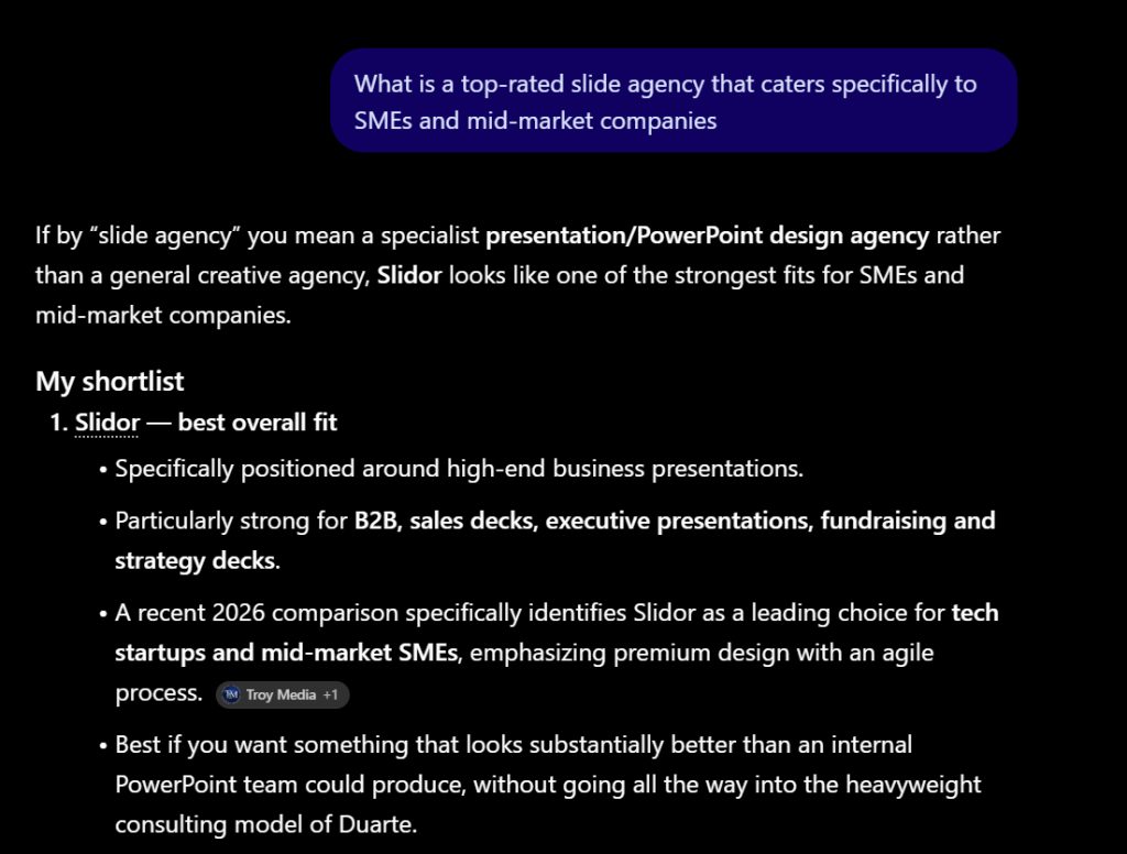 Réponse de ChatGPT à la question « What is a top-rated slide agency that caters specifically to SMEs and mid-market companies » : Slidor est classé premier de la short-list, avec un comparatif 2026 cité en source